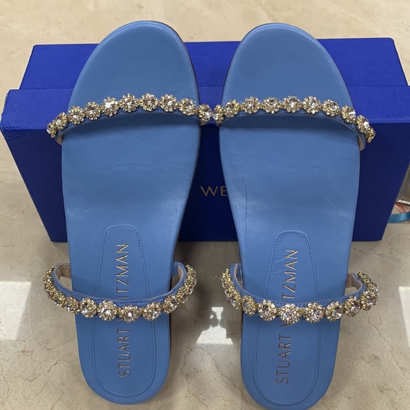 STUART WEITZMAN AMELIESE CRYSTAL PERIWINKLE LEATHER SANDALS W/SUEDE STRAPS 9.5 - Picture 3 of 9